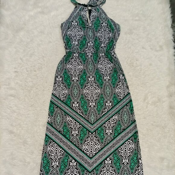 White House Black Market WHBM Teal Geometric Sleeveless Maxi Dress XS - Picture 2 of 7